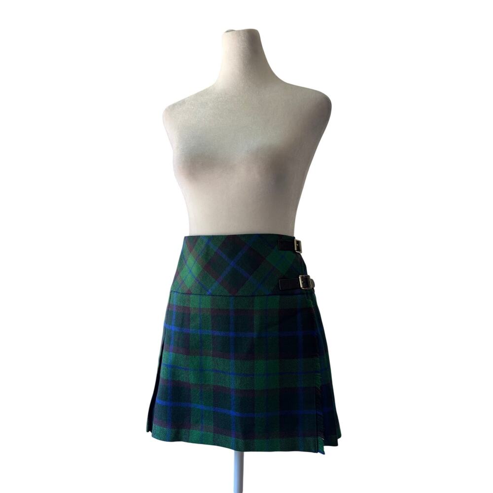 Green, Blue & Purple 100% Wool Plaid Wrap Mini Skirt w/ Side Buckles